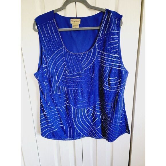 Midnight Velvet 1X Top Blue Beaded Scoop Neck Sleeveless Vintage Lined Side Slit - Picture 1 of 6